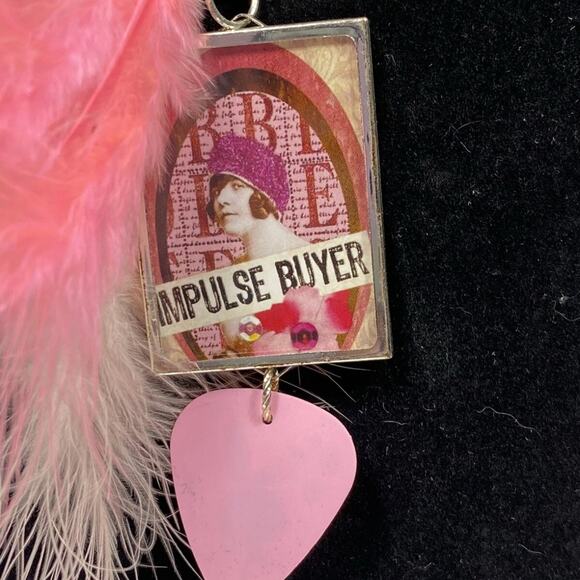 Handmade Statement Pendant Necklace – Pink Feathers, Rhinestones, Quote “I Make - Picture 6 of 7
